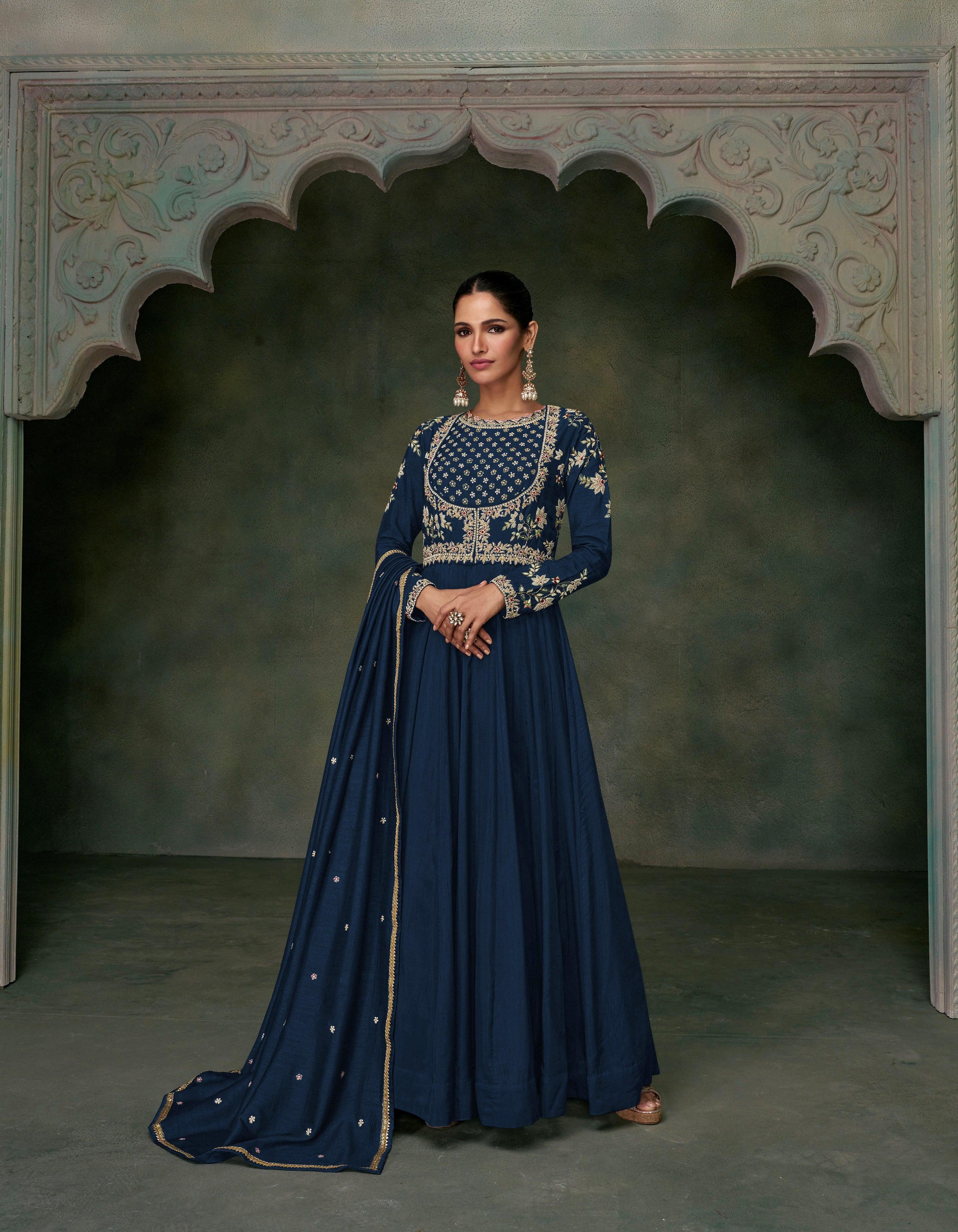 Digital Printed Organza Silk Anarkali Suit in Royal Blue : KAF395